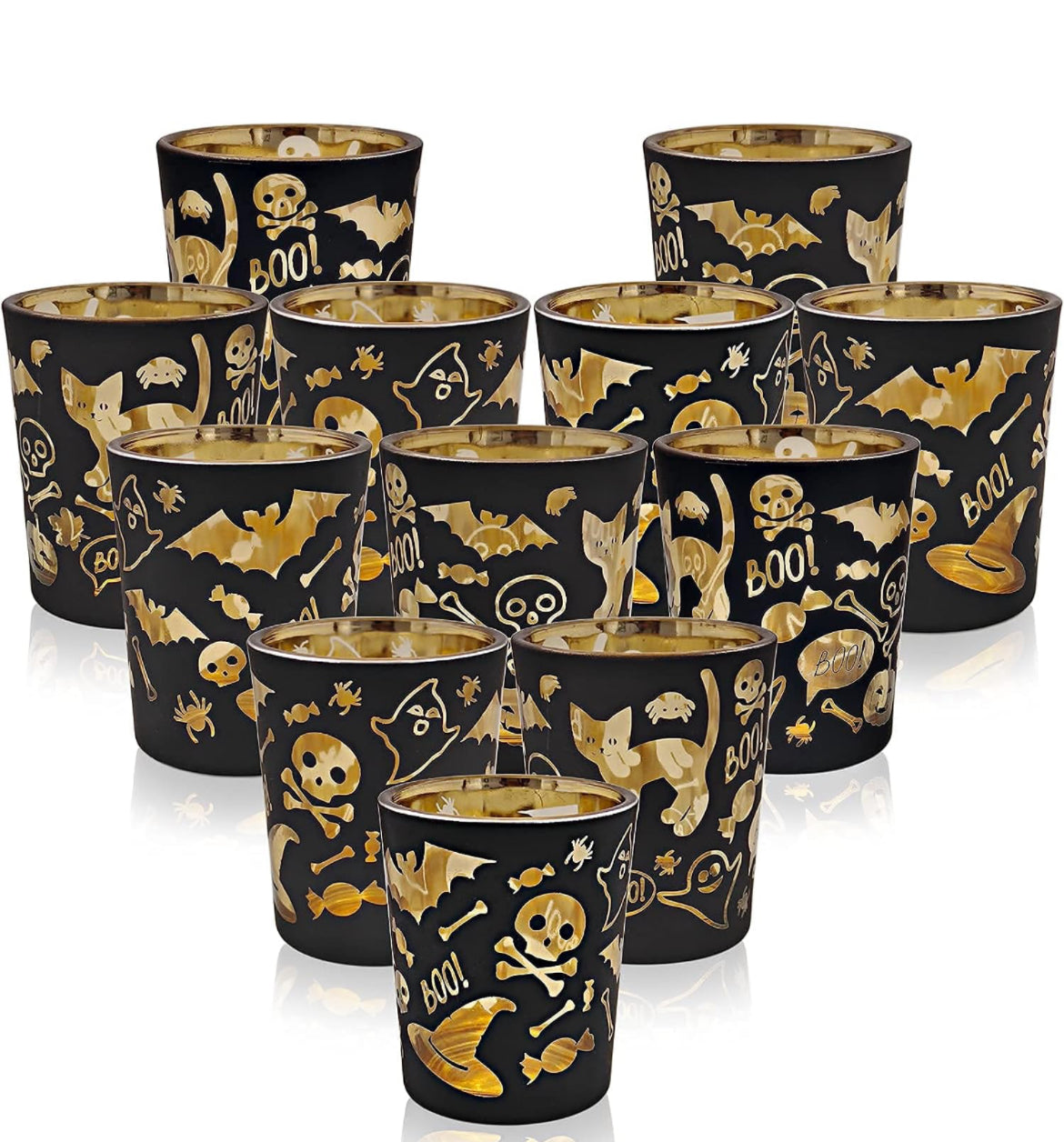 Portavelas de Halloween, juego de 12 portavelas de fantasma negro, portavelas de vidrio a granel para decoración de mesa de centro de mesa y fiesta
