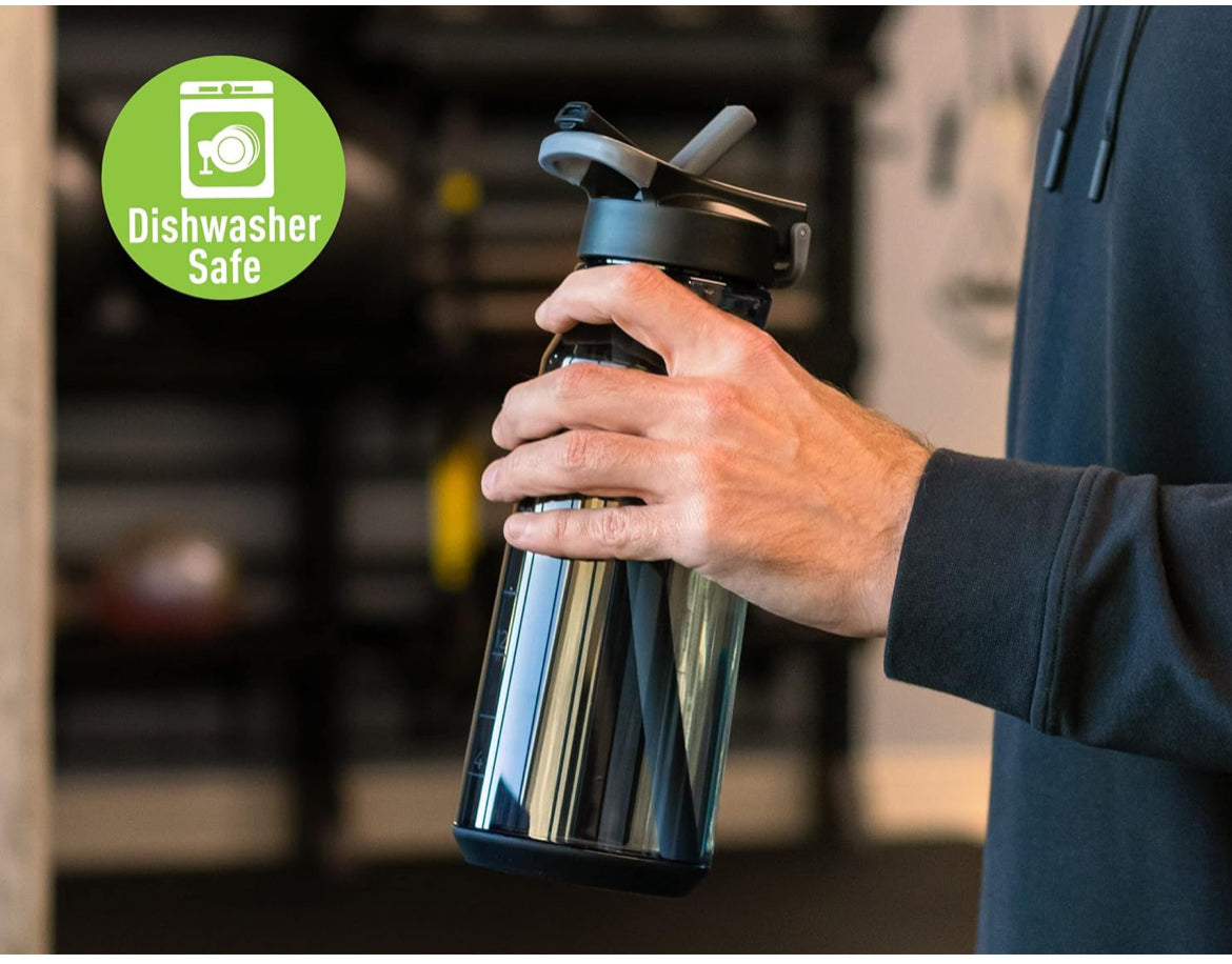 Botella de agua REDUCE - Botella de agua hidratante, 50 oz - Tapa abatible higiénica, pajilla integrada y asa de transporte - A prueba de fugas, compatible con portavasos - Flip, Sip and Go - Dark Web, Tritan Plastic