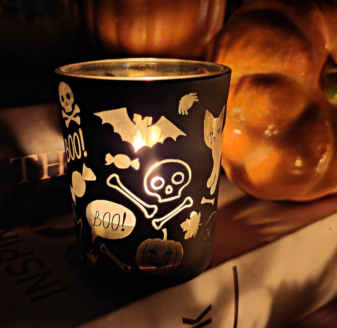 Portavelas de Halloween, juego de 12 portavelas de fantasma negro, portavelas de vidrio a granel para decoración de mesa de centro de mesa y fiesta