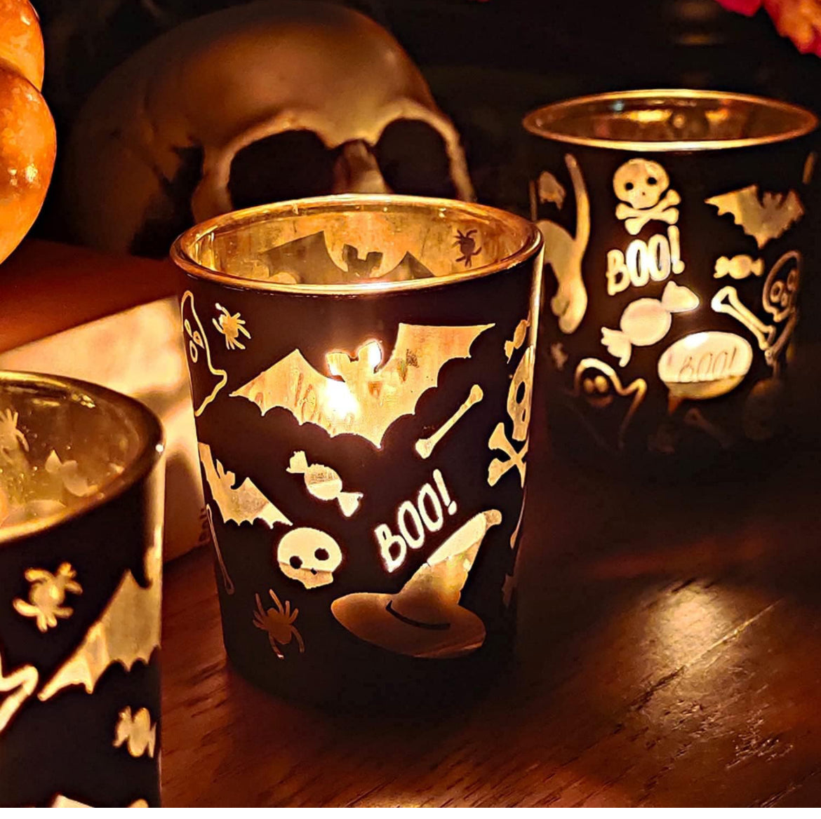 Portavelas de Halloween, juego de 12 portavelas de fantasma negro, portavelas de vidrio a granel para decoración de mesa de centro de mesa y fiesta