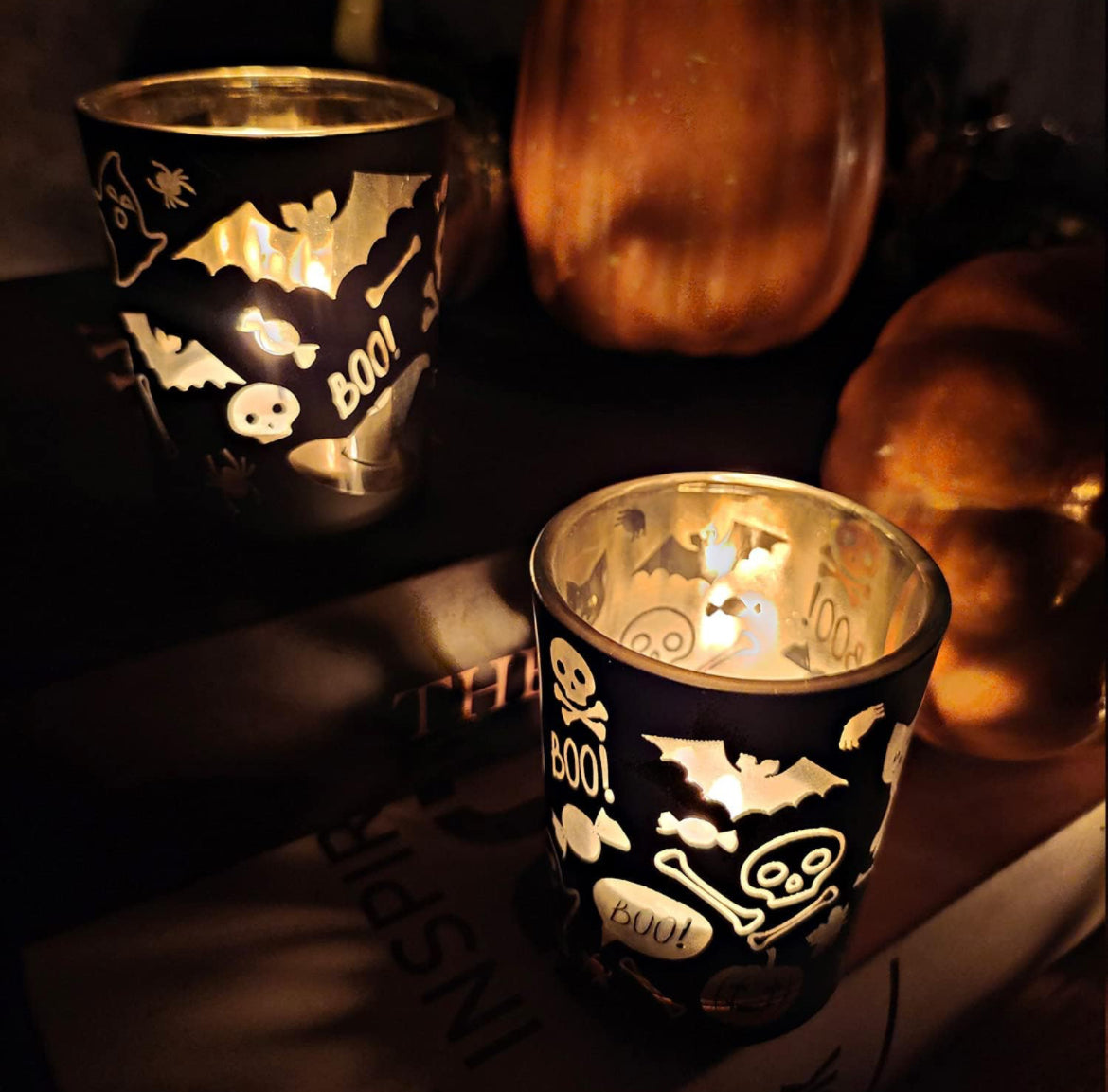 Portavelas de Halloween, juego de 12 portavelas de fantasma negro, portavelas de vidrio a granel para decoración de mesa de centro de mesa y fiesta