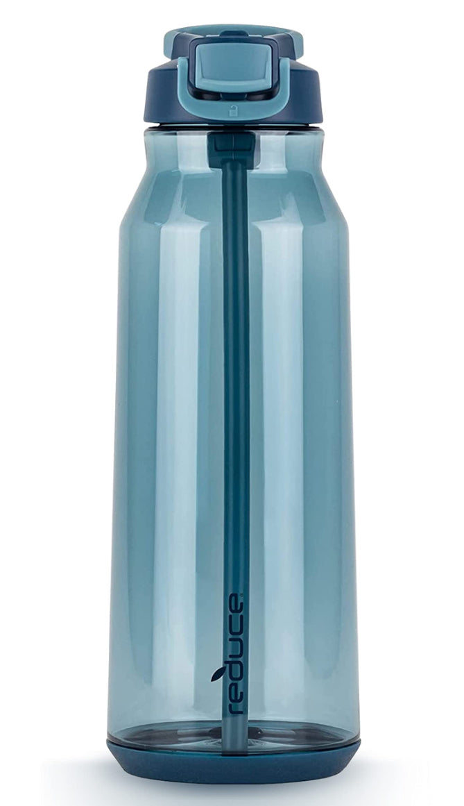 Botella de agua REDUCE - Botella de agua hidratante, 50 oz - Tapa abatible higiénica, pajilla integrada y asa de transporte - A prueba de fugas, compatible con portavasos - Flip, Sip and Go - Dark Web, Tritan Plastic