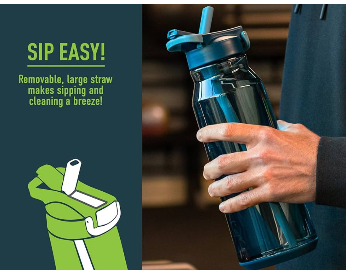 Botella de agua REDUCE - Botella de agua hidratante, 50 oz - Tapa abatible higiénica, pajilla integrada y asa de transporte - A prueba de fugas, compatible con portavasos - Flip, Sip and Go - Dark Web, Tritan Plastic