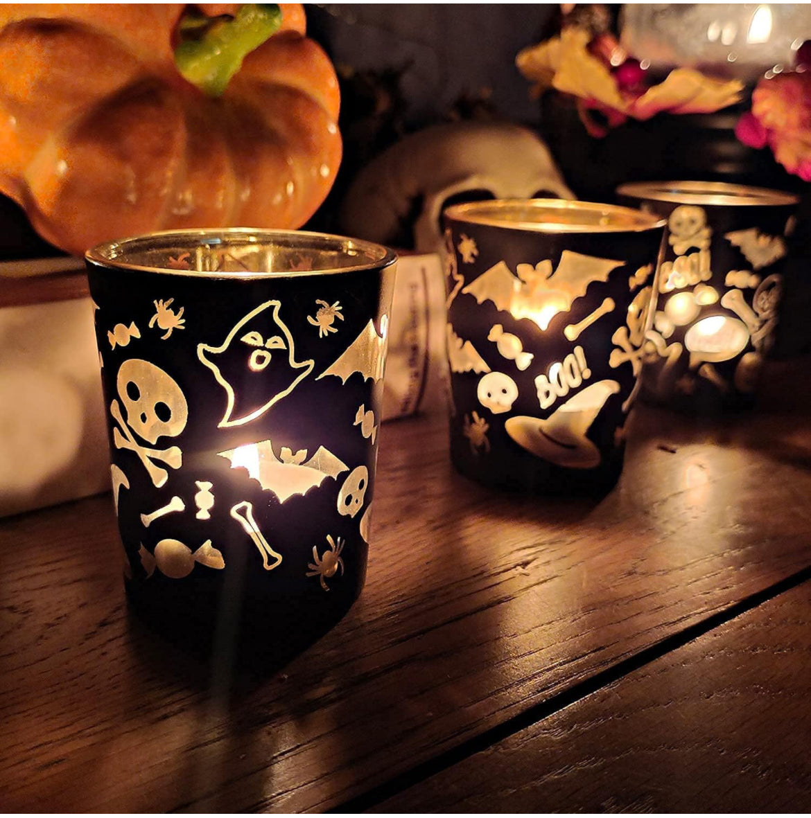 Portavelas de Halloween, juego de 12 portavelas de fantasma negro, portavelas de vidrio a granel para decoración de mesa de centro de mesa y fiesta