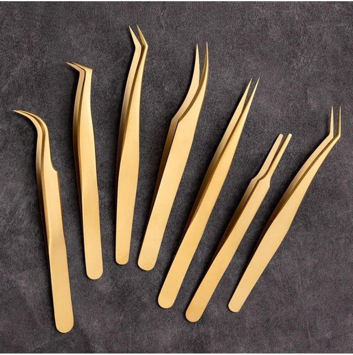 Juego de 7 pinzas de extensión de pestañas, pinzas de precisión doradas, juego de herramientas de maquillaje