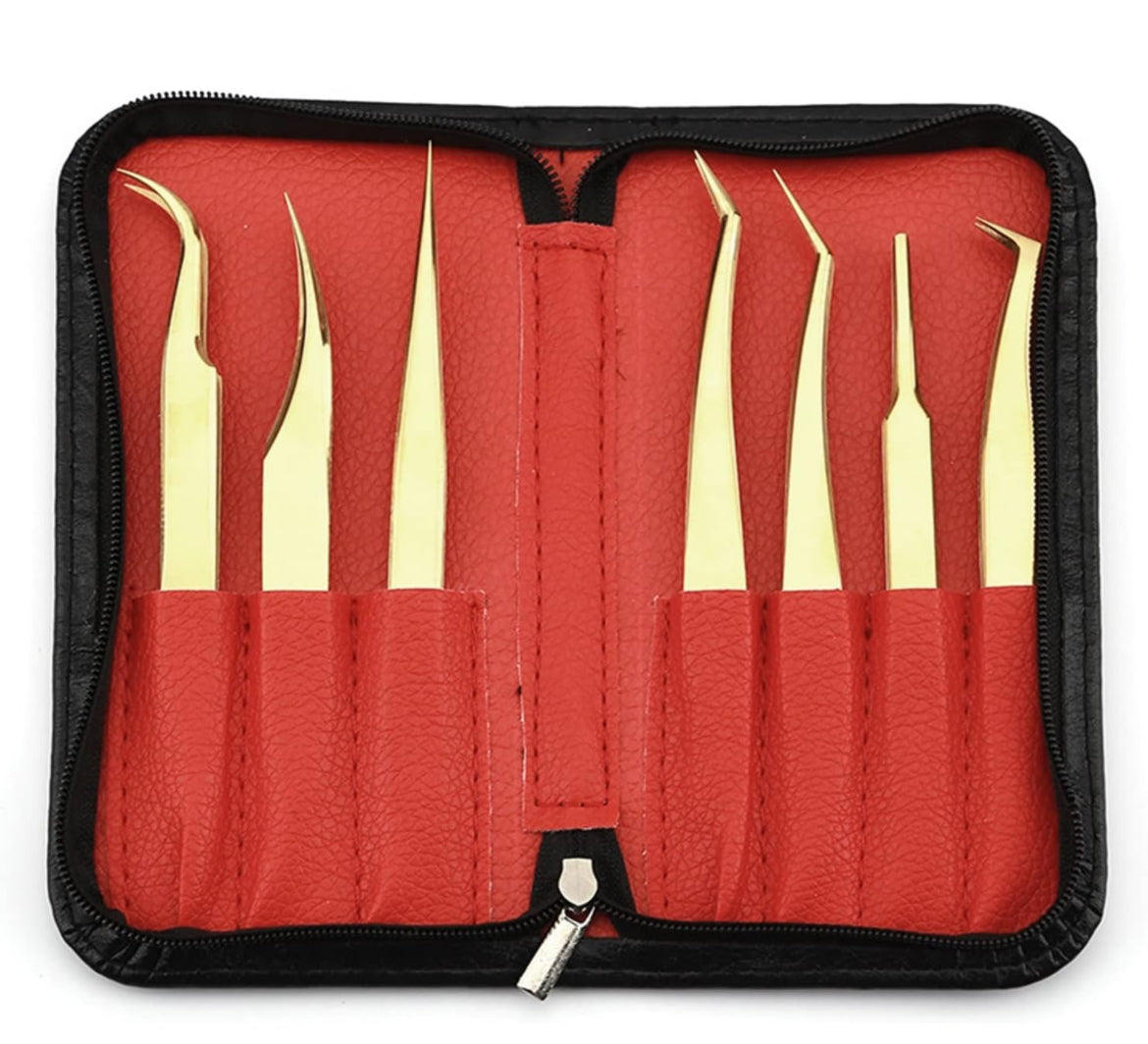 Juego de 7 pinzas de extensión de pestañas, pinzas de precisión doradas, juego de herramientas de maquillaje