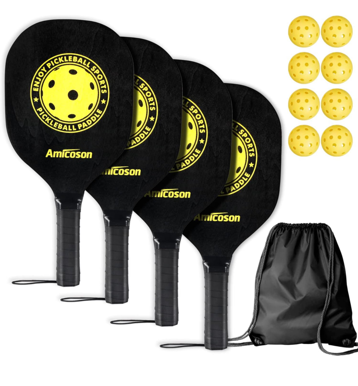 Juego de 4 palas de pickleball, bolas de pickleball, juego de 4 raquetas de madera de pickleball, 8 bolas de pickleball y 1 bolsa de transporte- Bisocan