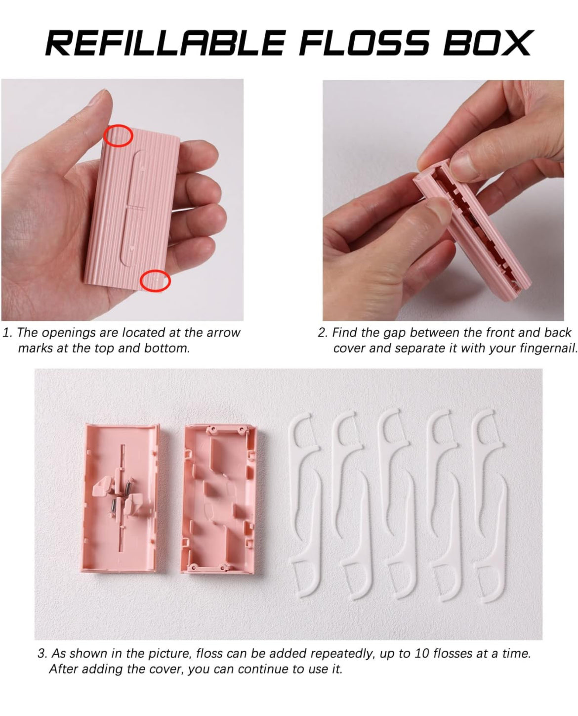 Estuche portátil de hilo dental rosa, almacenamiento de 10 púas de hilo dental para adultos. La mejor herramienta para limpiar los dientes y el cuidado bucal.