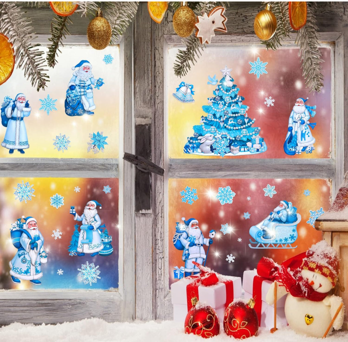 Adhesivos de Navidad para ventanas de vidrio, Santa Claus, calcomanías de ventana de Navidad, calcomanías de ventana de Navidad, calcomanías de copo de nieve con purpurina para ventanas de invierno,