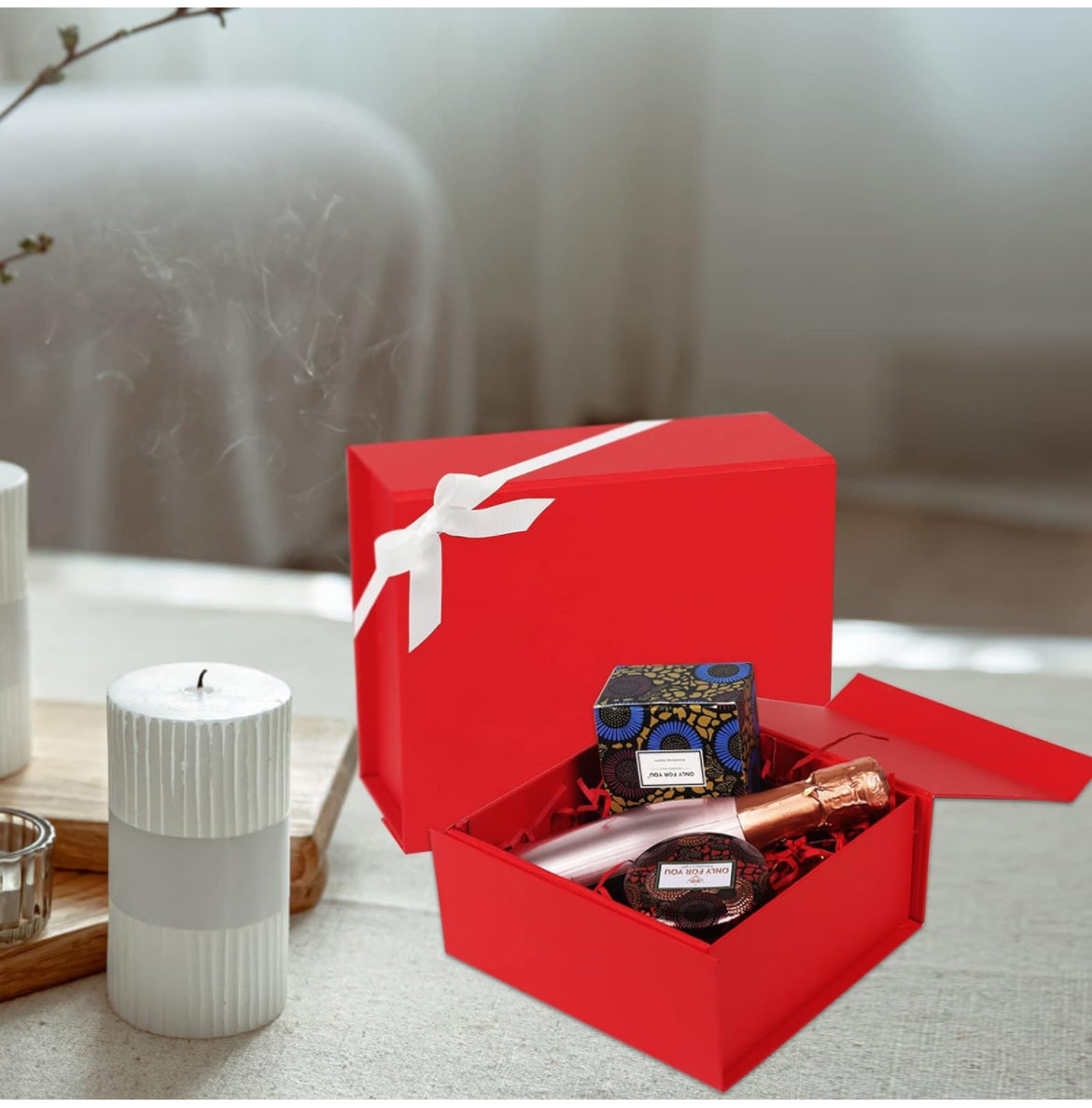 Paquete de 2 cajas de regalo rojas de 7.4 x 7 x 3 pulgadas, cajas de regalo pequeñas con tapas magnéticas y cinta