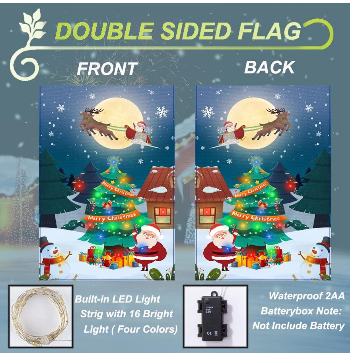 Bandera de jardín de Navidad, con luz LED, vertical, de doble cara, de arpillera, para decoración de Navidad al aire libre (12 x 18 pulgadas), bandera de Navidad 01