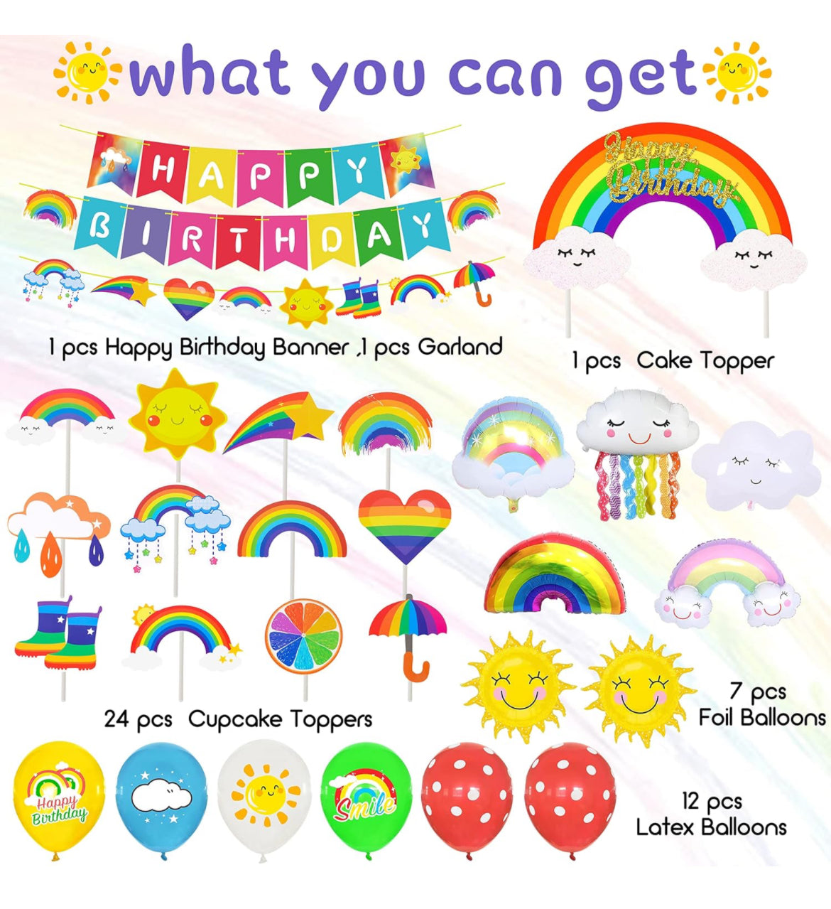 Juego de 48 piezas de decoración de fiesta de arco iris, pancarta de feliz cumpleaños, arco iris, decoración de cupcakes, globos de látex de aluminio arcoíris para suministros de fiesta de cumpleaños arcoíris