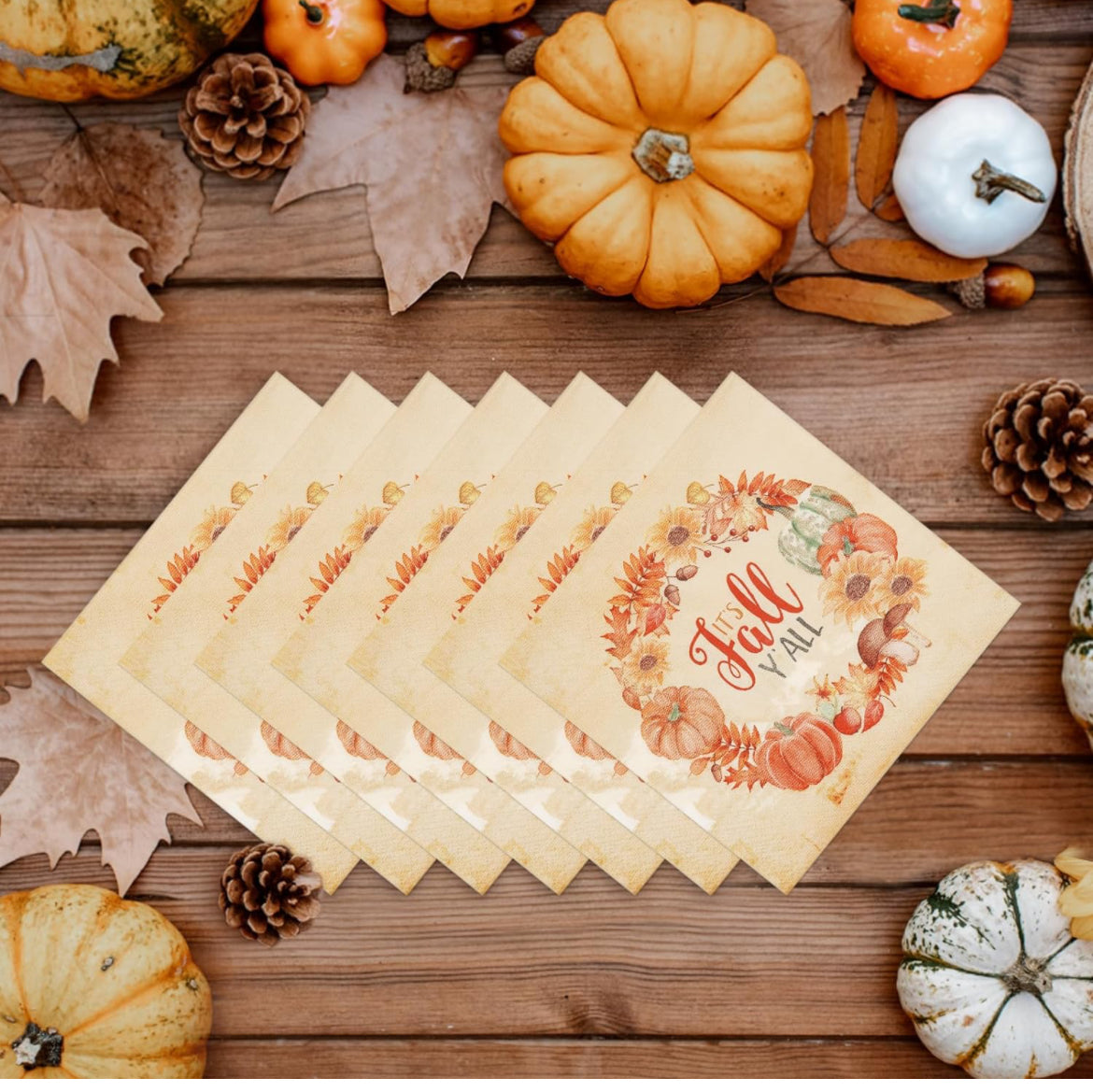 Homlouue 100 servilletas de otoño, 3 capas de corona de otoño con texto en inglés "It's Fall Y'all", servilletas de papel de Acción de Gracias, servilletas desechables de hojas de calabazas para decoraciones de Acción de Gracias, decoración de cena