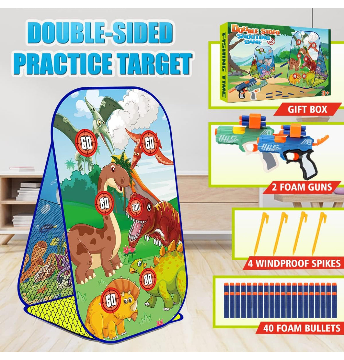 Juego de disparos de dinosaurios para niños de 5 a 10 años, objetivo de doble cara con 2 lanzadores de dardos de espuma y 40 dardos, juguetes de pistola para exteriores y regalos