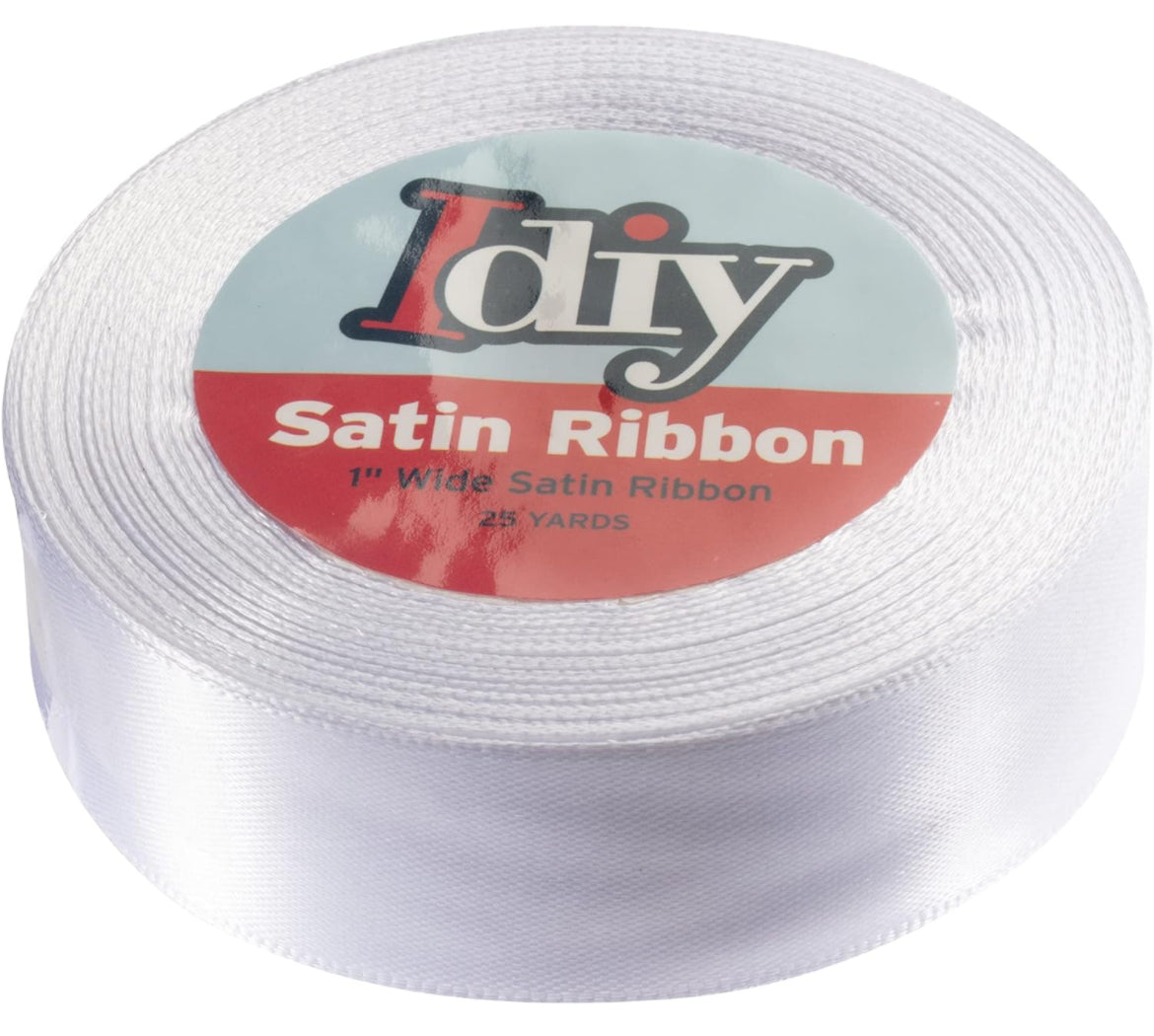 Cinta de satén (1 pulgada, 25 yardas) sin alambre, manualidades y manualidades, cestas de envoltura de regalos, decoración de boda, proyectos de costura, adorno decorativo de fiesta, lazos para el pelo, floral, baby showers, corona de vacaciones (blanco)