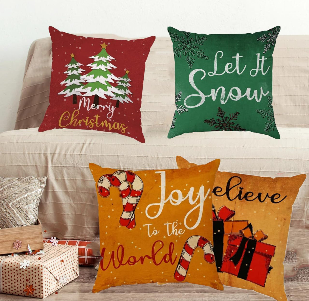 Juego de 4 fundas de almohada de Navidad de 18 x 18 pulgadas, fundas de almohada de invierno, fundas de almohada decorativas de Navidad