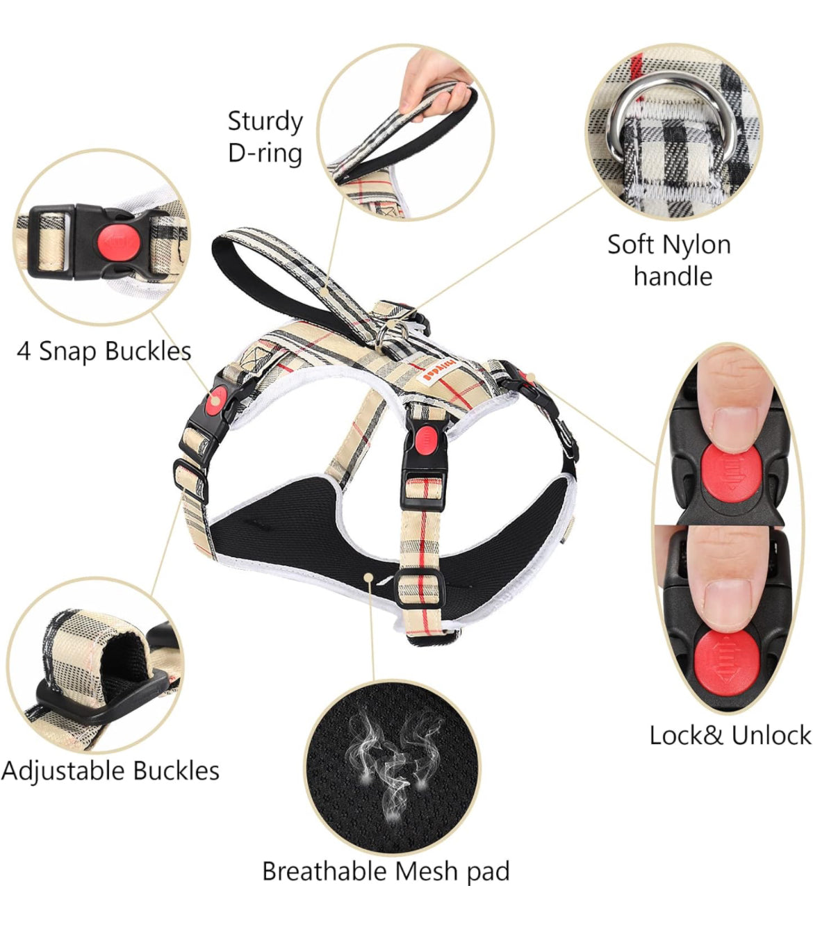 Arnés sin tirones para perro, con correa y cuello, arnés ajustable de chaleco reflectante Oxford sin estrangulamiento, arnés suave para perros pequeños, medianos y grandes, arnés de fácil control (caqui a cuadros, XL)
