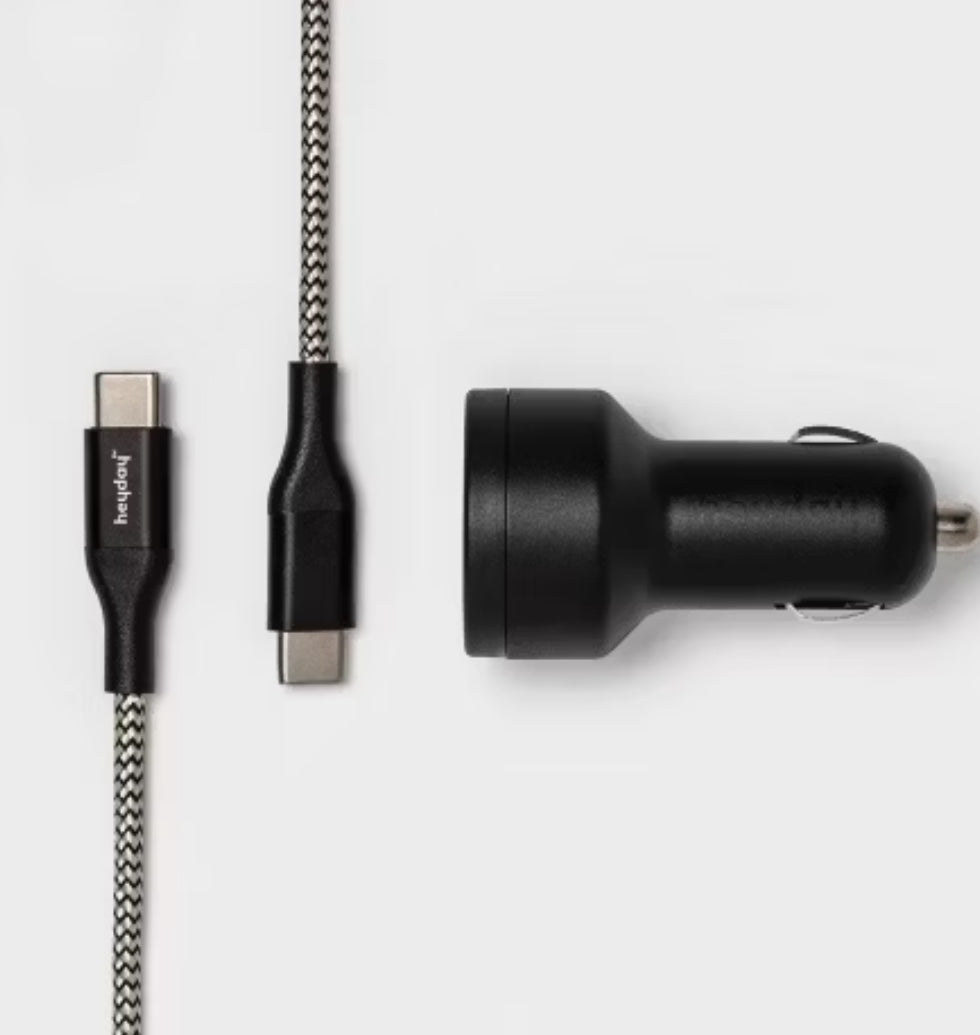 Cargador USB para coche con cable trenzado USB-C a USB-C de 6' - heyday™