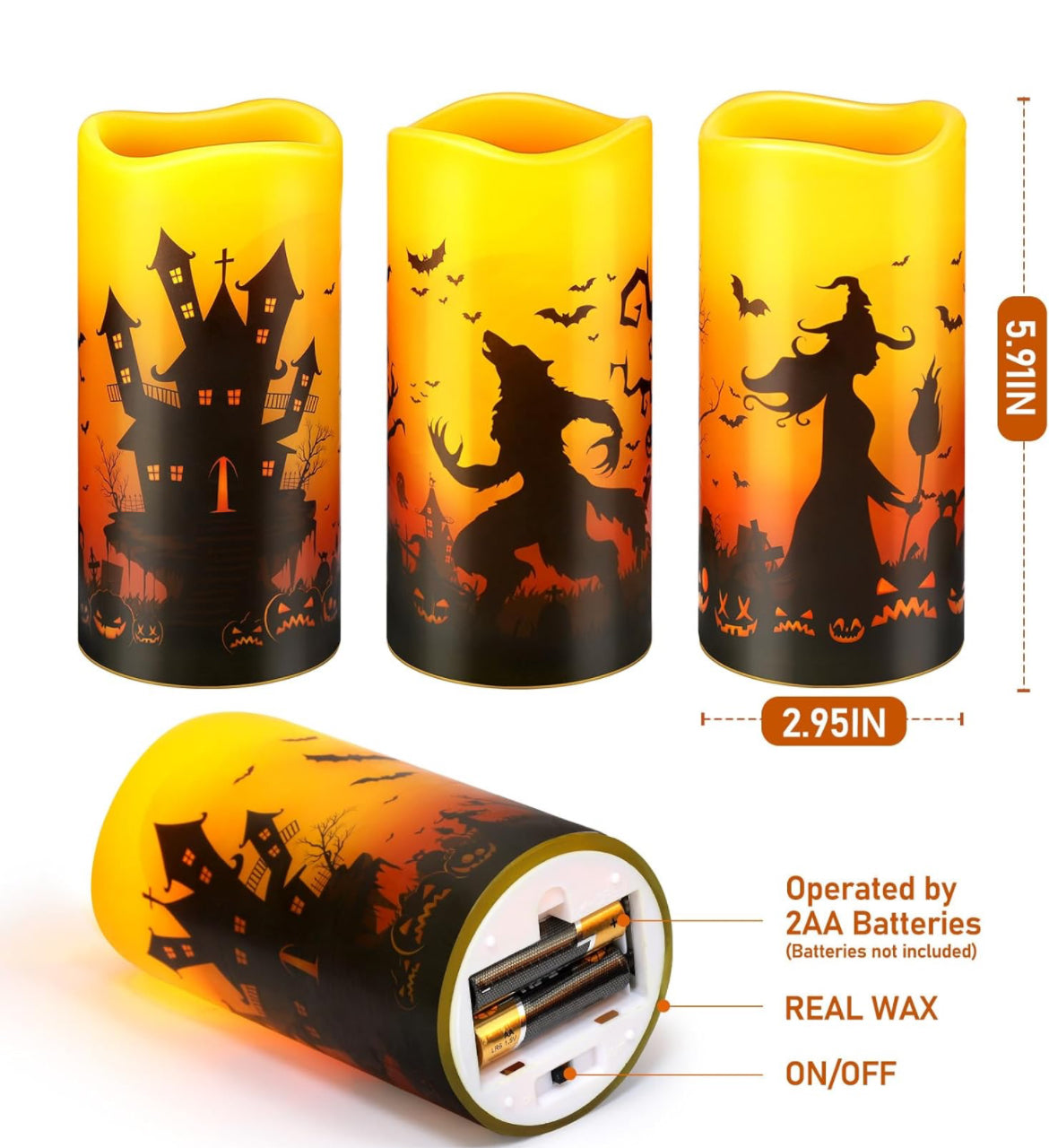 Velas LED sin llama de Halloween, 3 unidades, decoración de Halloween, funciona con pilas, juego de 3 velas rústicas de pilar de cera real con brujas, hombres lobo, murciélagos, castillos, bosques