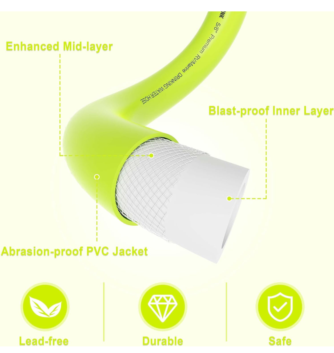 Manguera de agua potable para caravana, manguera de agua potable de 35 pies para caravana, remolque y camión marino, manguera de jardín fresca para exteriores, sin BPA, PVC, antitorceduras, sin fugas, flexible, 5/8 pulgadas, verde