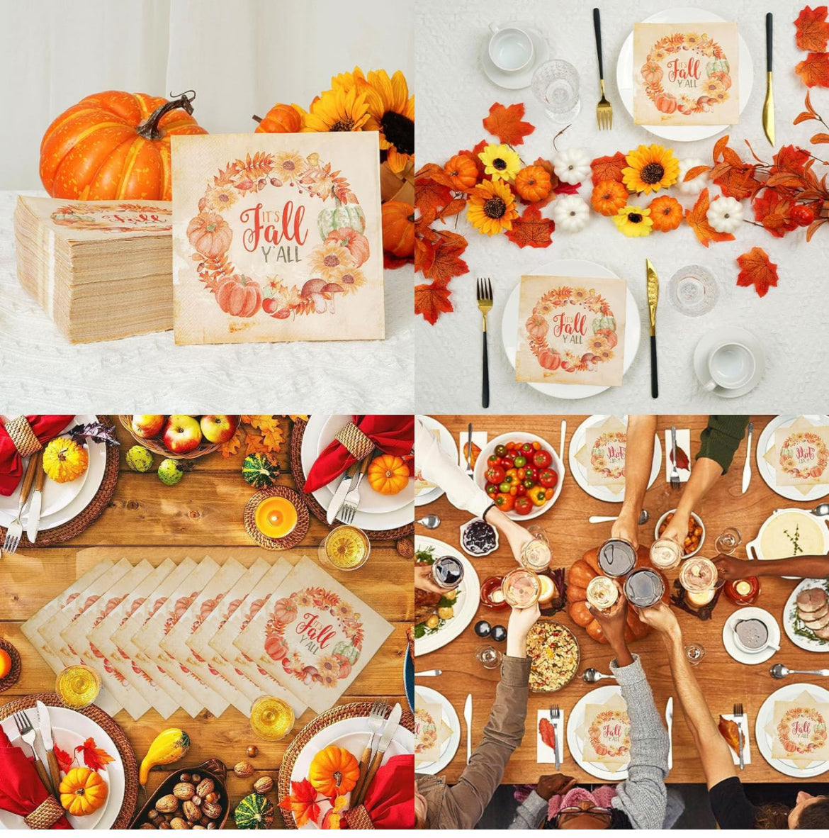 Homlouue 100 servilletas de otoño, 3 capas de corona de otoño con texto en inglés "It's Fall Y'all", servilletas de papel de Acción de Gracias, servilletas desechables de hojas de calabazas para decoraciones de Acción de Gracias, decoración de cena