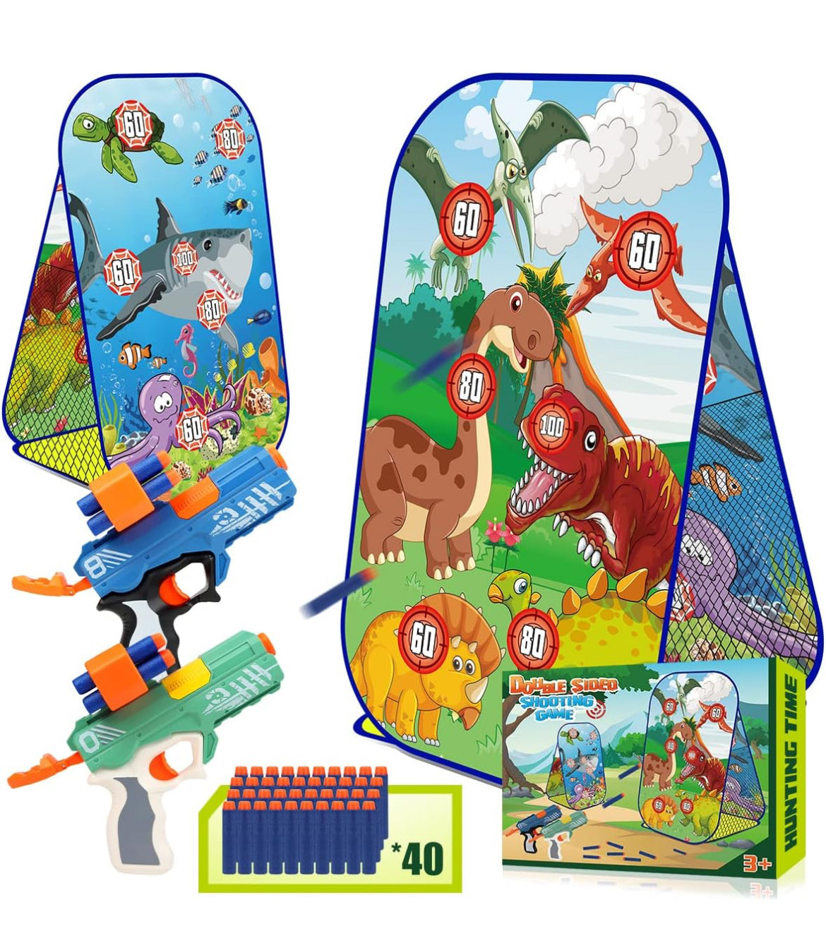 Juego de disparos de dinosaurios para niños de 5 a 10 años, objetivo de doble cara con 2 lanzadores de dardos de espuma y 40 dardos, juguetes de pistola para exteriores y regalos