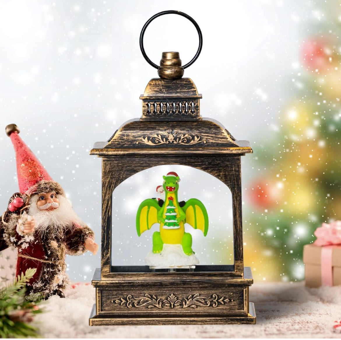 Linterna de globo de nieve de Navidad, dinosaurio brillante de agua con música, forro USB/funciona con pilas, linterna iluminada para decoración de festivales de Navidad, regalos