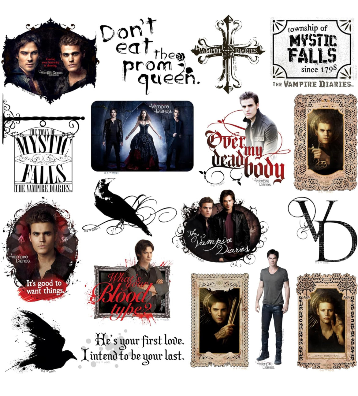 The Vampire Diaries - Paquete variado de calcomanías grandes de vinilo de 50 quilates, para laptop, botella de agua, álbumes de recortes, tableta, monopatín, interior/exterior