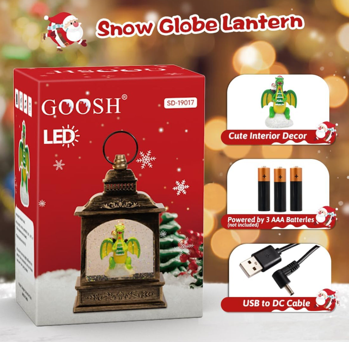 Linterna de globo de nieve de Navidad, dinosaurio brillante de agua con música, forro USB/funciona con pilas, linterna iluminada para decoración de festivales de Navidad, regalos