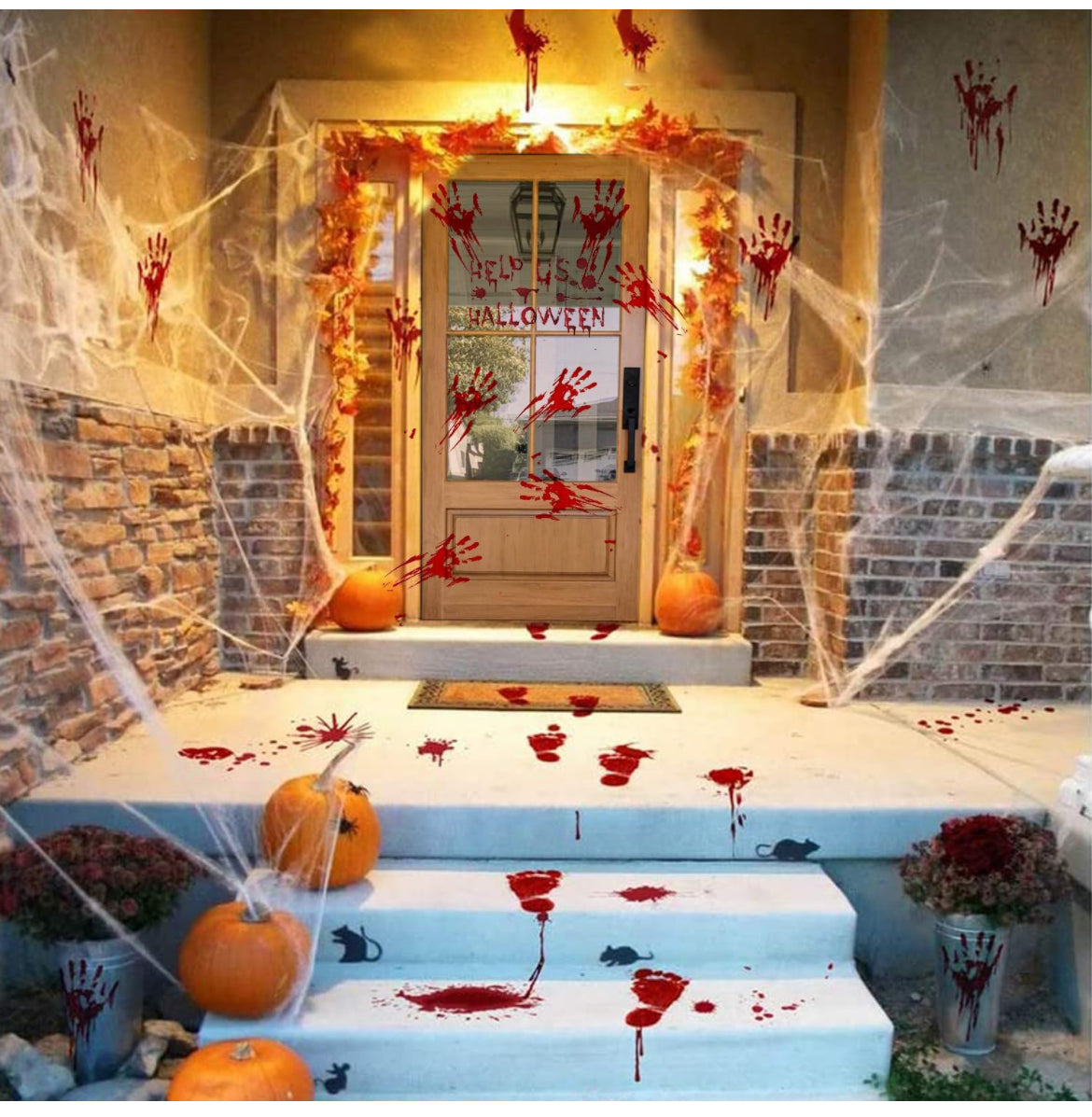 Decoraciones de Halloween, 188 calcomanías de Halloween para ventana, 9 hojas de huellas de manos sangrientas, calcomanías de pared de Halloween con calcomanías de tatuaje, decoraciones de ventana de Halloween