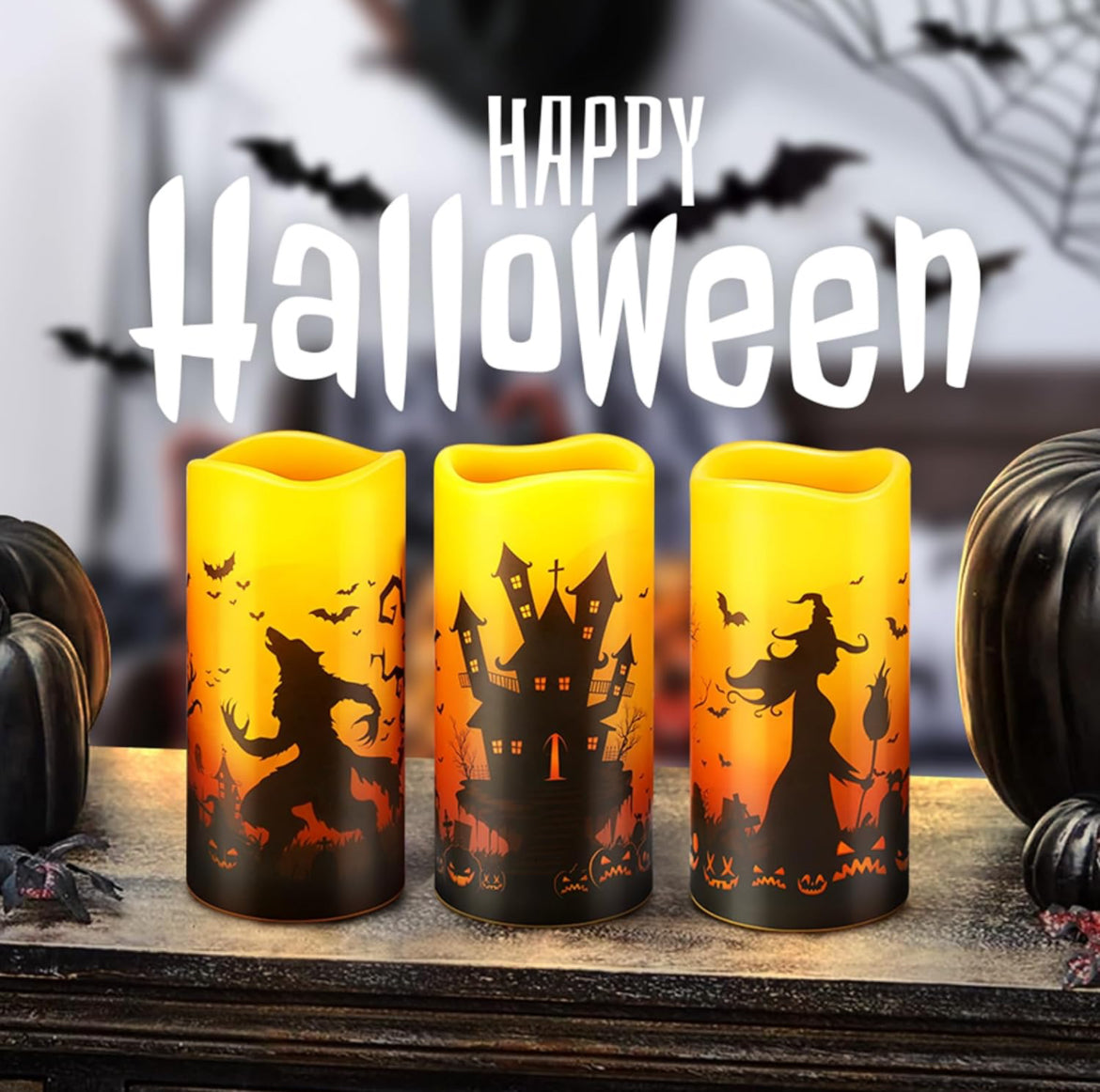 Velas LED sin llama de Halloween, 3 unidades, decoración de Halloween, funciona con pilas, juego de 3 velas rústicas de pilar de cera real con brujas, hombres lobo, murciélagos, castillos, bosques
