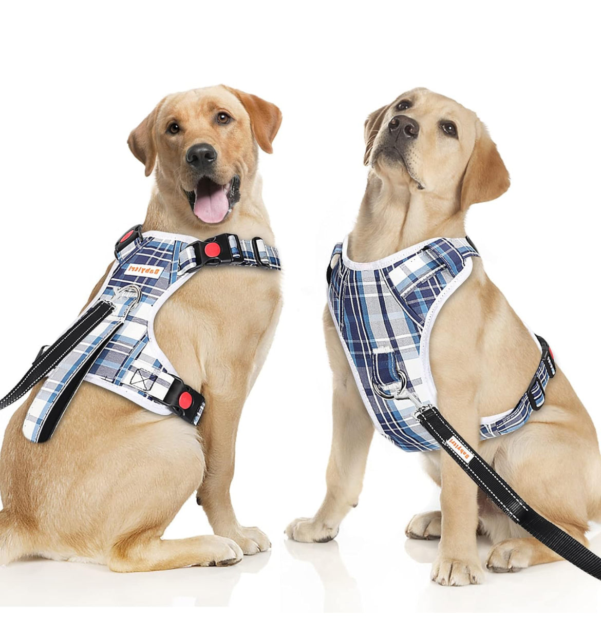 Arnés sin tirones para perro, con correa y cuello, arnés ajustable de chaleco reflectante Oxford sin estrangulamiento, arnés suave para perros pequeños, medianos y grandes, arnés de fácil control (azul a cuadros, M)