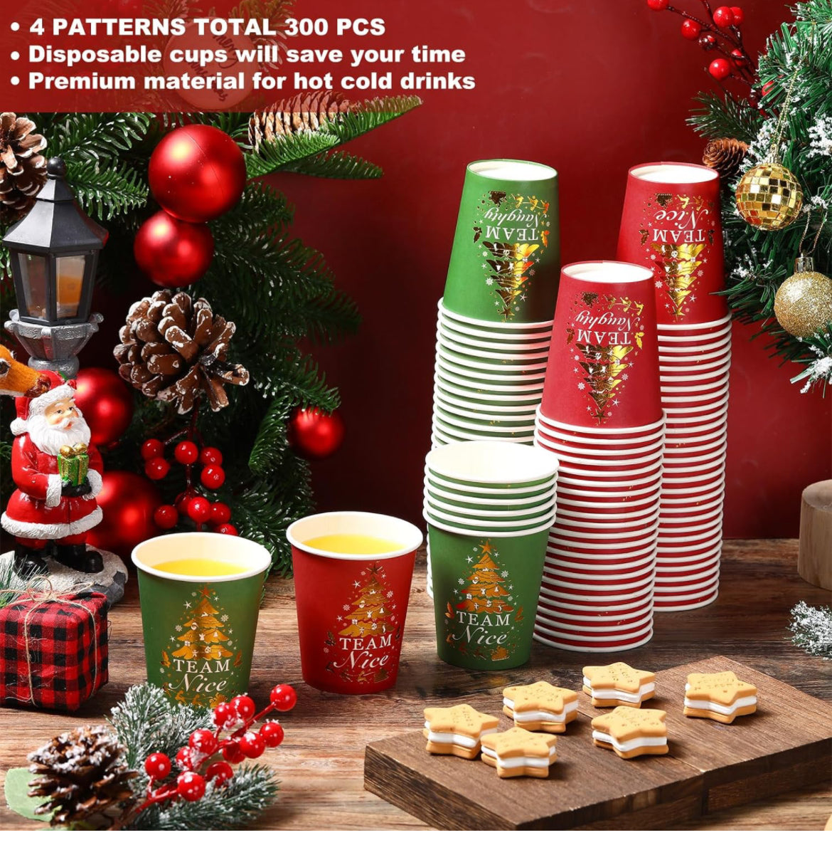 300 vasos de papel de Navidad, vasos de café desechables de Navidad, suministros de fiesta para bebidas calientes y frías, decoración de tazas de café rojo y verde (9 onzas)