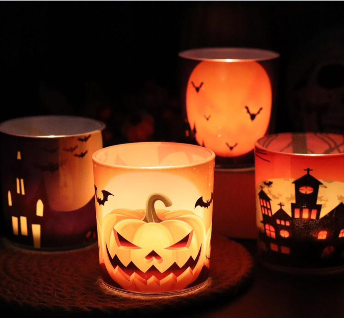 Portavelas de Halloween 4PCS, SHMILMH Portavelas votivas de vidrio Telarros de velas para centros de mesa de Halloween, chimenea, repisa