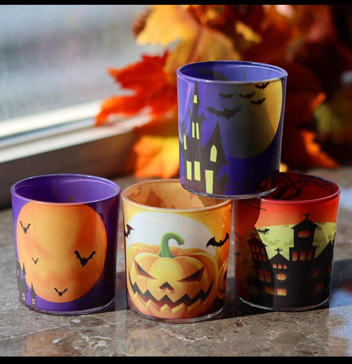 Portavelas de Halloween 4PCS, SHMILMH Portavelas votivas de vidrio Telarros de velas para centros de mesa de Halloween, chimenea, repisa