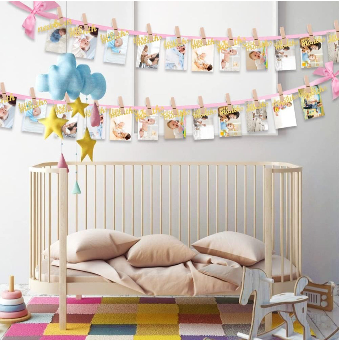Cartel de fotos de bebé de primer cumpleaños para niñas, pancarta rosa para fotografía de primer cumpleaños desde recién nacido hasta 12 meses, guirnalda de banderines mensual para bebé