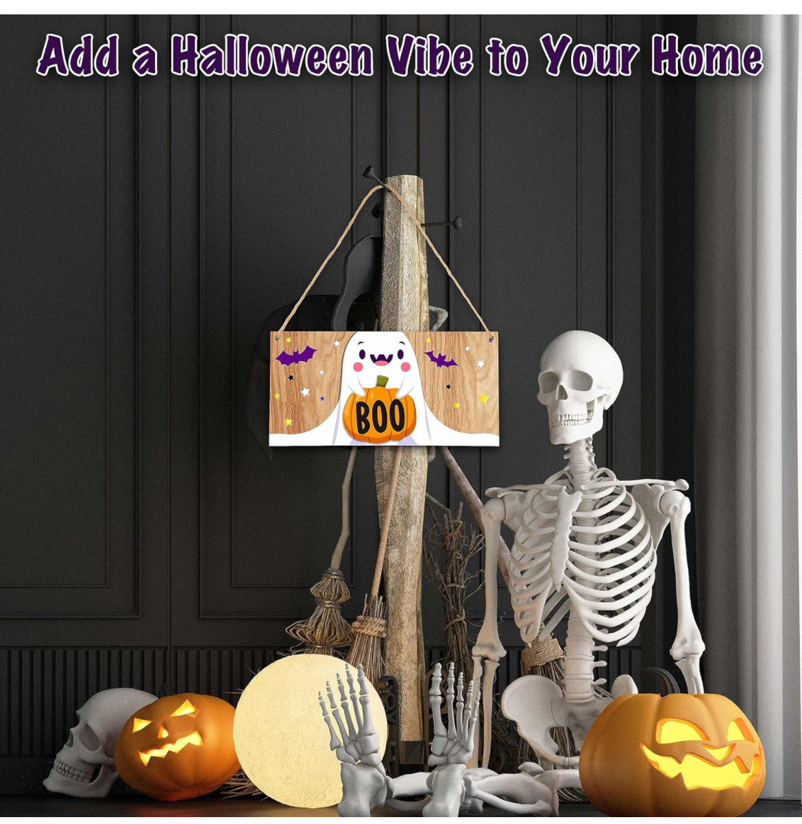 Letrero colgante de madera de Halloween, boo fantasma de Halloween, placas colgantes de madera para puerta delantera, suministros de decoración al aire libre para fiesta de Halloween