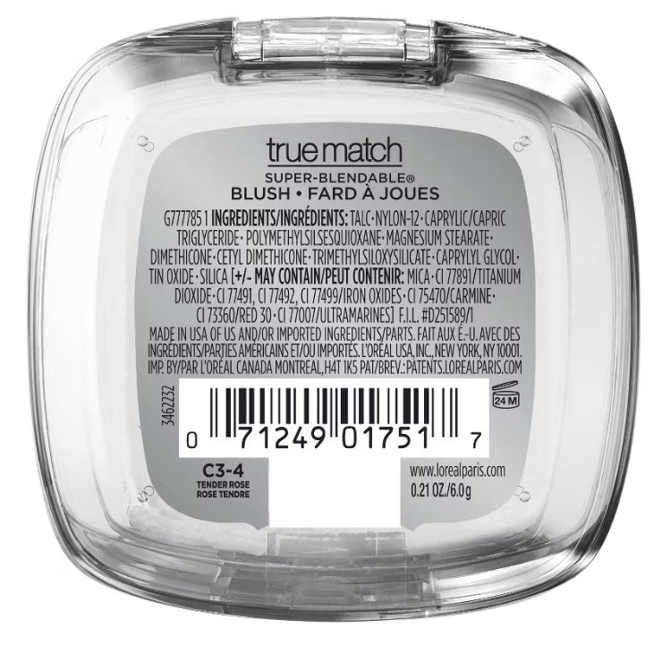 L'Oreal® Paris True Match Super-Blendable Blush - Colorete súper mezclable L'Oreal® Paris True Match-Color
Tender Rose C3-4