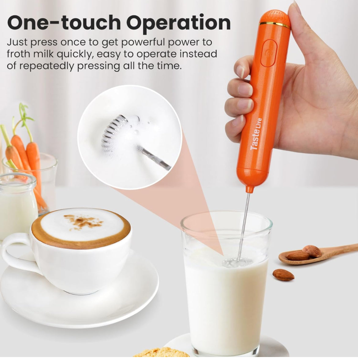 Espumador de leche de mano, máquina de espuma eléctrica a pilas y mezclador para bebidas (naranja)