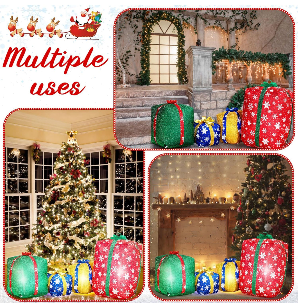 4 cajas de regalo inflables gigantes con purpurina de 6 pies iluminadas para decoración al aire libre, cajas de regalo de Navidad gigantes con soplador automático, cajas de regalo