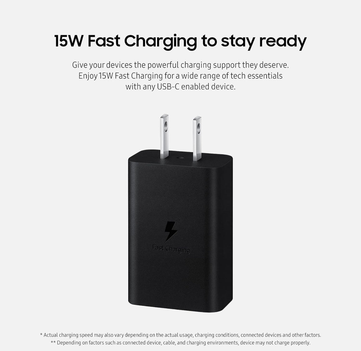 Samsung - Cargador de pared tipo C de 15 W (cable no incluido), color negro