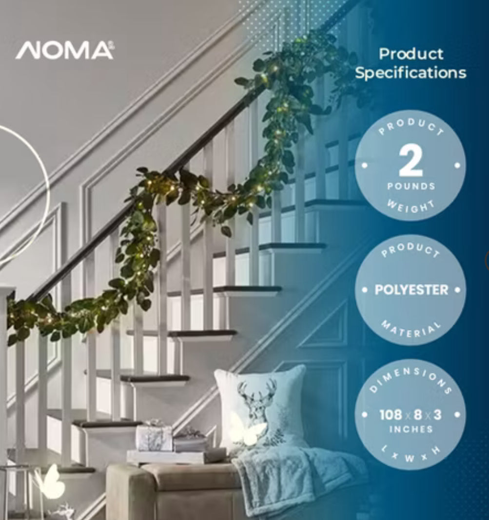 NOMA Guirnalda navideña de eucalipto flocado con LED preiluminado de 9 pies Decoración navideña con luces que funcionan con pilas, 35 luces blancas cálidas, 100 puntas de pino