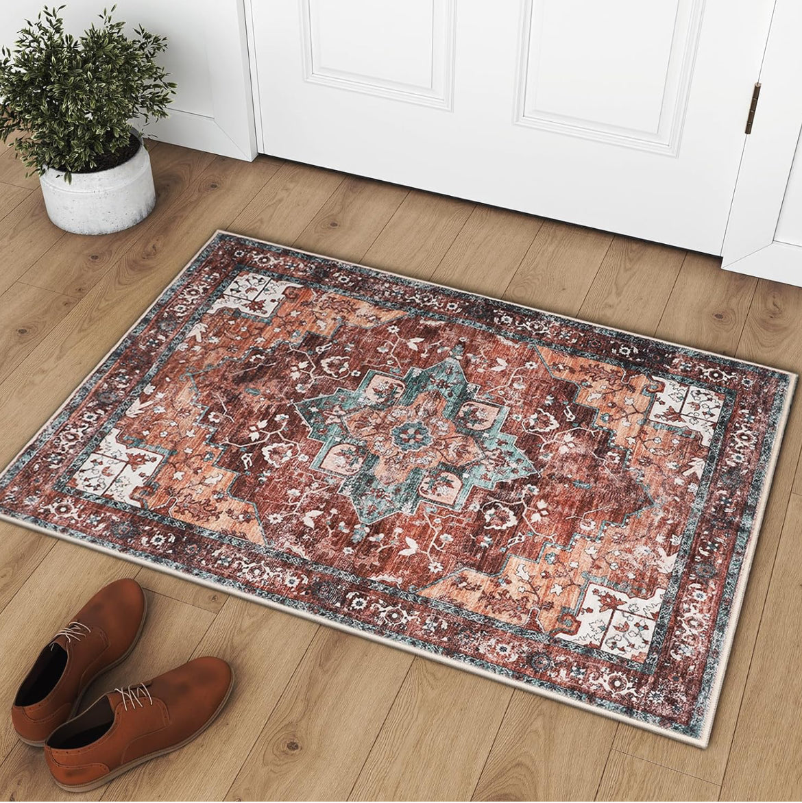 Tapete tribal bohemio de 2 x 3 pies, tapete de entrada pequeño, de lana sintética, antideslizante, lavable, de pelo bajo, para interiores, entrada delantera, cocina, baño (rojo, 2 x 3 pies)