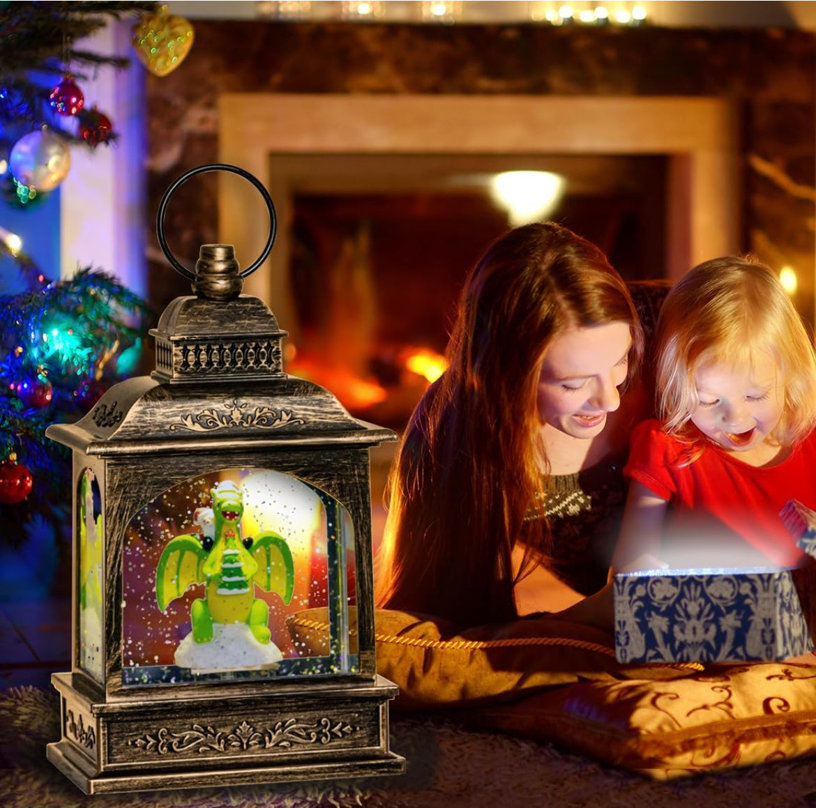 Linterna de globo de nieve de Navidad, dinosaurio brillante de agua con música, forro USB/funciona con pilas, linterna iluminada para decoración de festivales de Navidad, regalos