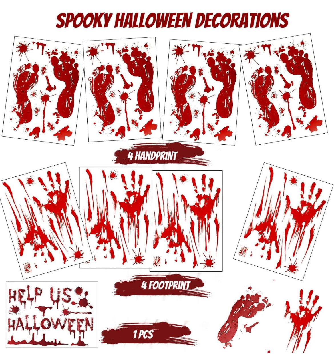 Decoraciones de Halloween, 188 calcomanías de Halloween para ventana, 9 hojas de huellas de manos sangrientas, calcomanías de pared de Halloween con calcomanías de tatuaje, decoraciones de ventana de Halloween