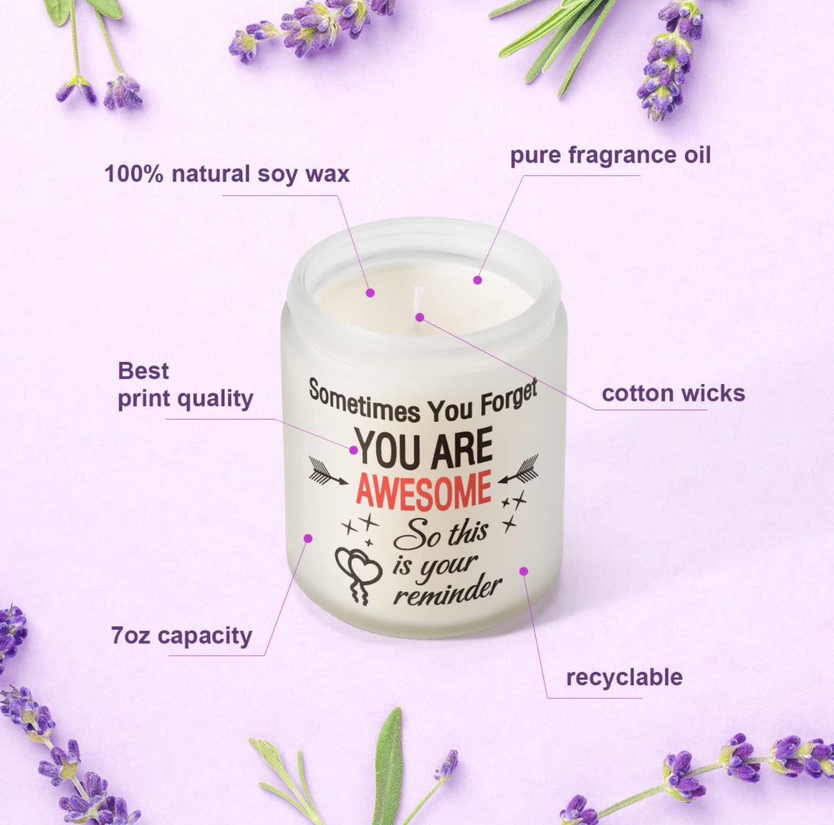 Thank You Gifts - Vela perfumada con aroma a lavanda, divertidos regalos inspiradores para mujeres, mamá, hija, hermana, tía, amigas, 100% soja, 7 onzas