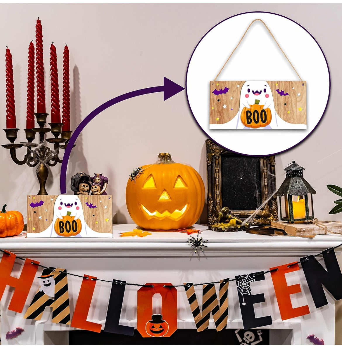 Letrero colgante de madera de Halloween, boo fantasma de Halloween, placas colgantes de madera para puerta delantera, suministros de decoración al aire libre para fiesta de Halloween