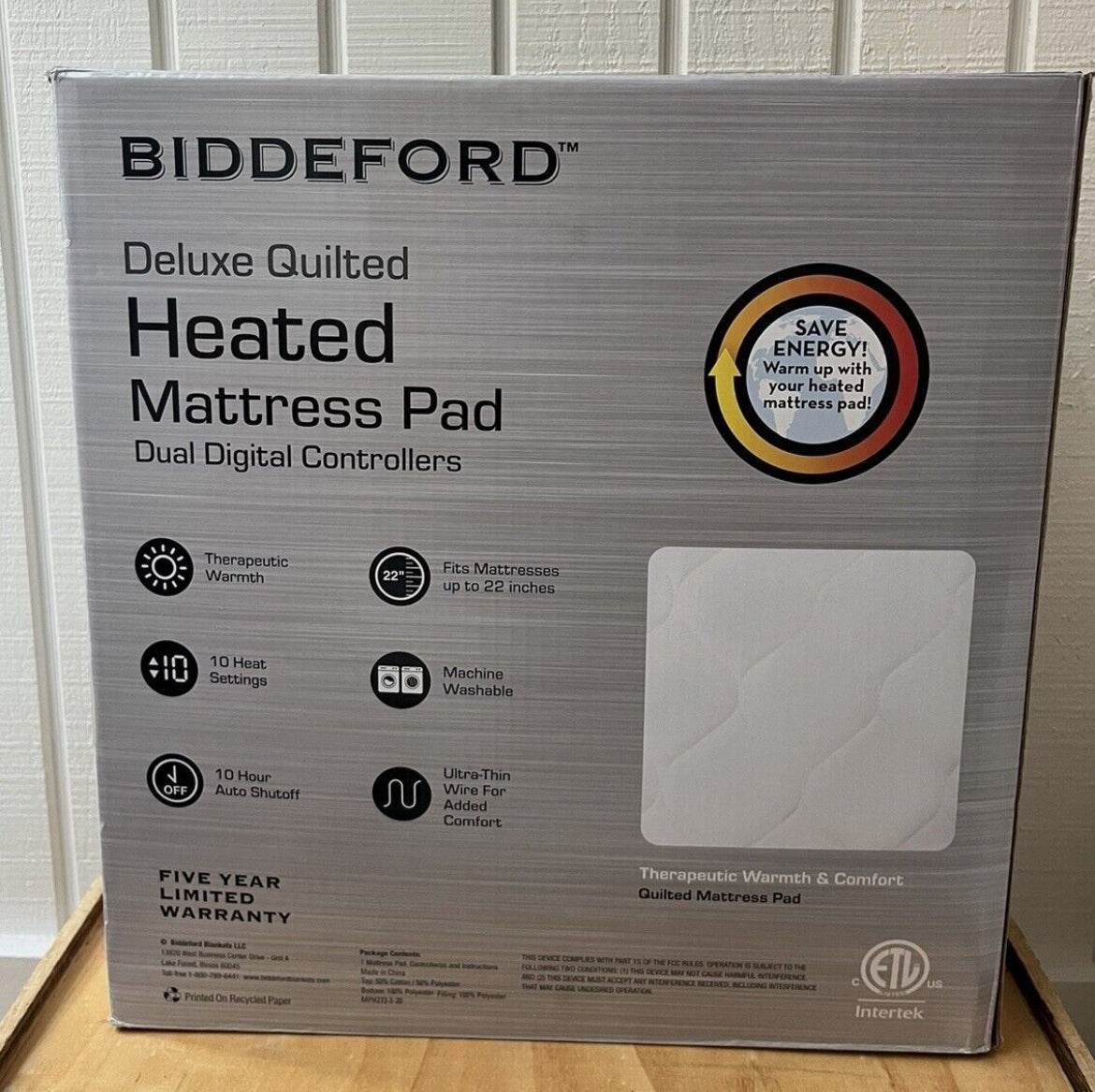 Almohadilla de colchón térmica Biddeford Queen 60"x80" acolchada de lujo lavable eléctrica