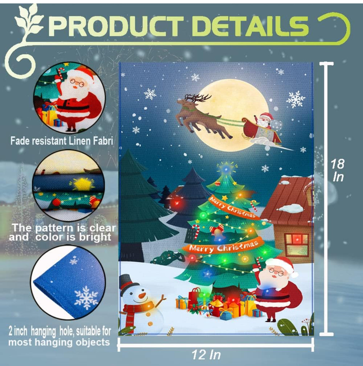 Bandera de jardín de Navidad, con luz LED, vertical, de doble cara, de arpillera, para decoración de Navidad al aire libre (12 x 18 pulgadas), bandera de Navidad 01