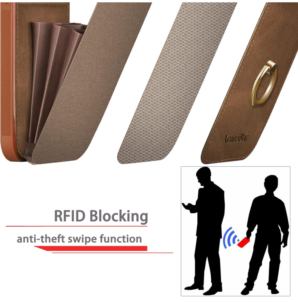 XcaseBar Funda tipo cartera para iPhone 12 Pro Max de 6.7 pies con soporte de anillo de rotación de 360°. Bloqueo RFID, soporte para tarjetas de crédito, funda de piel sintética para teléfono para